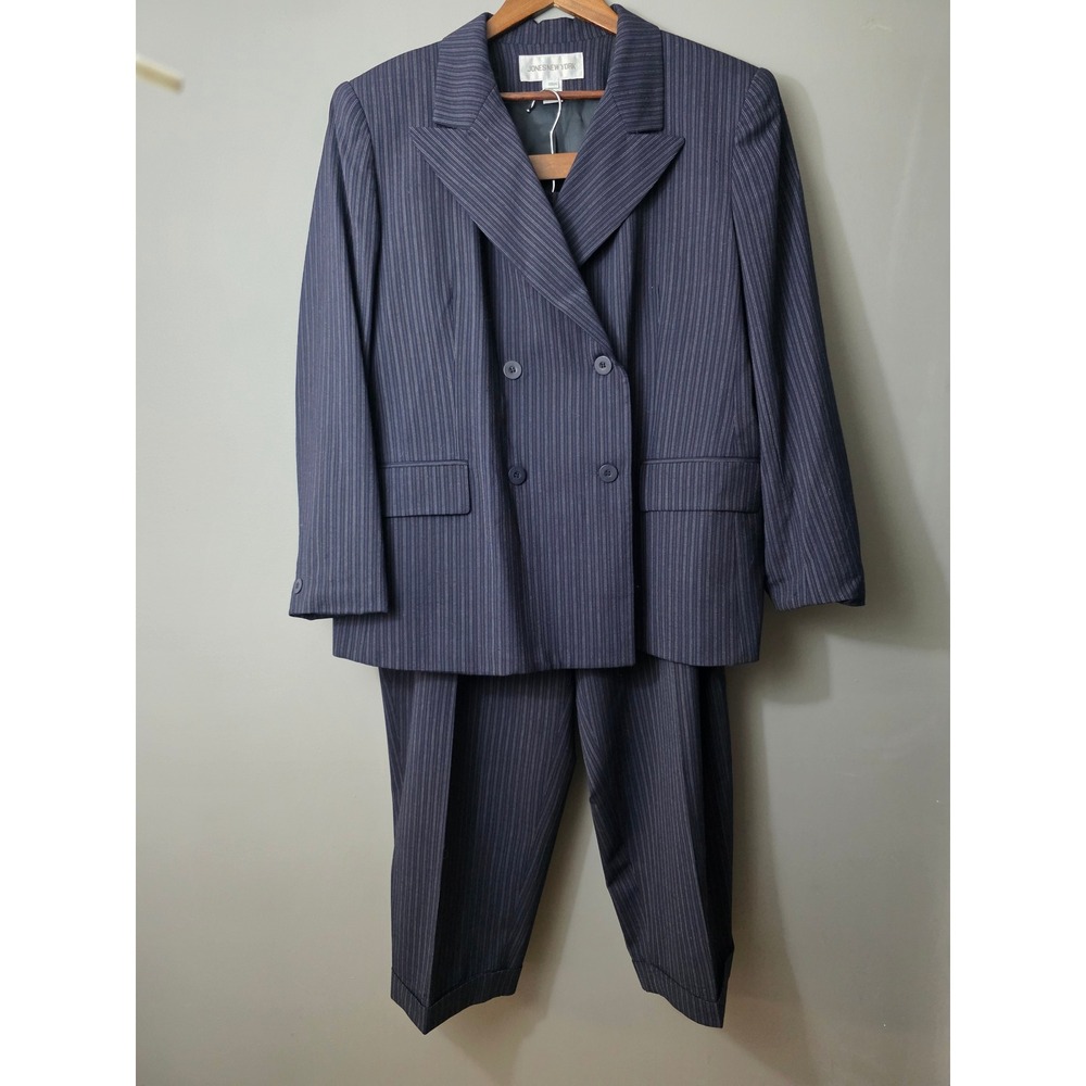 Jones New York Pinstripe Worsted Wool Suit Set Navy Blazer 18W Pants 16W USA